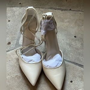 David’s Bridal Galina Signature pearl and crystal ankle-wrap satin pumps